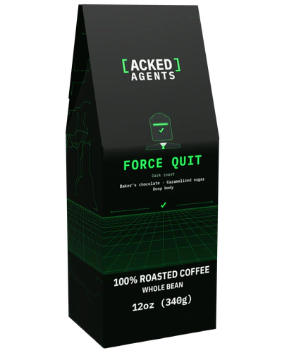 Acked Agents Force Quit 12 oz coffee box, front