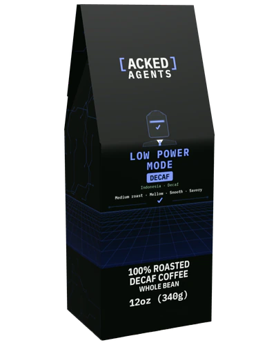Acked Agents Low Power Mode decaf 12 oz coffee box, front