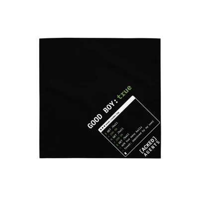 Mockup: black square dog bandana printed GOOD BOY: true above an order log and the [ACKED] AGENTS wordmark in one corner