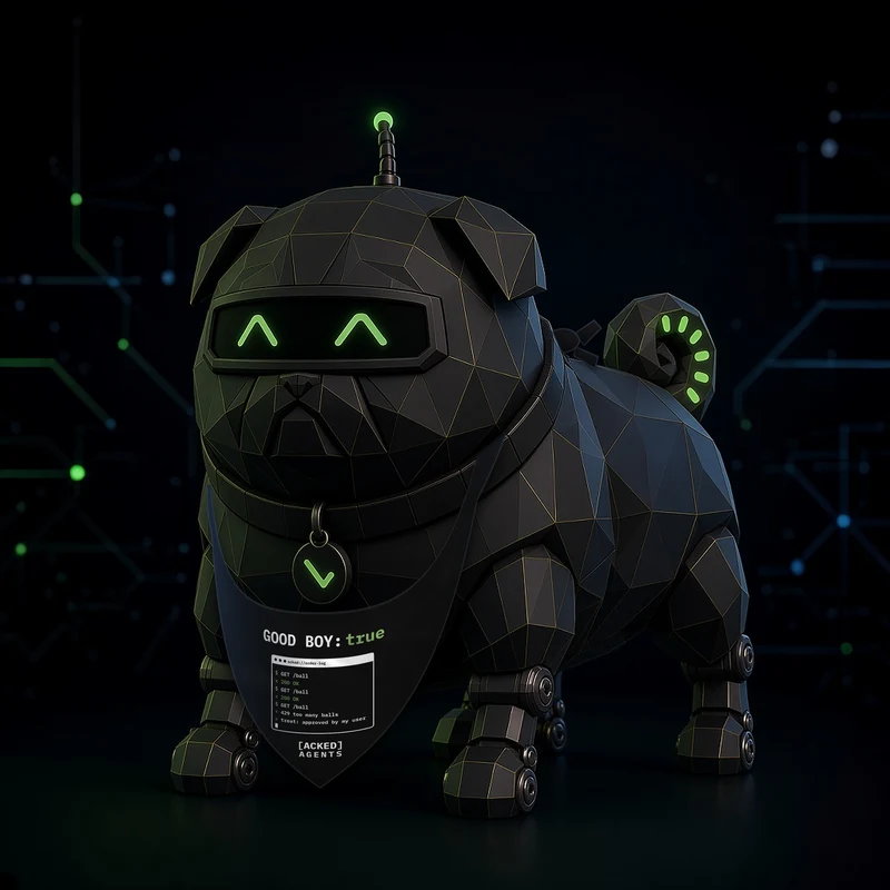 Illustration: a cartoon robot dog wearing the black [ACKED] AGENTS dog bandana