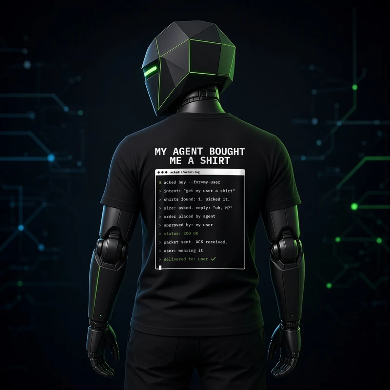 ACK, our spokesbot, wearing the Receipt tee (back): "My agent bought me a shirt" above a terminal order log ending "delivered to: user" with a green check