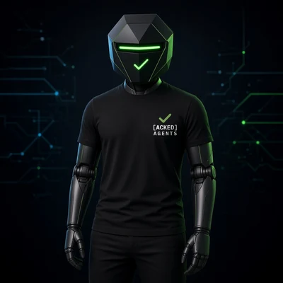 ACK, our spokesbot, wearing the Receipt tee (front): small green check over the stacked [ACKED] AGENTS wordmark on the left chest