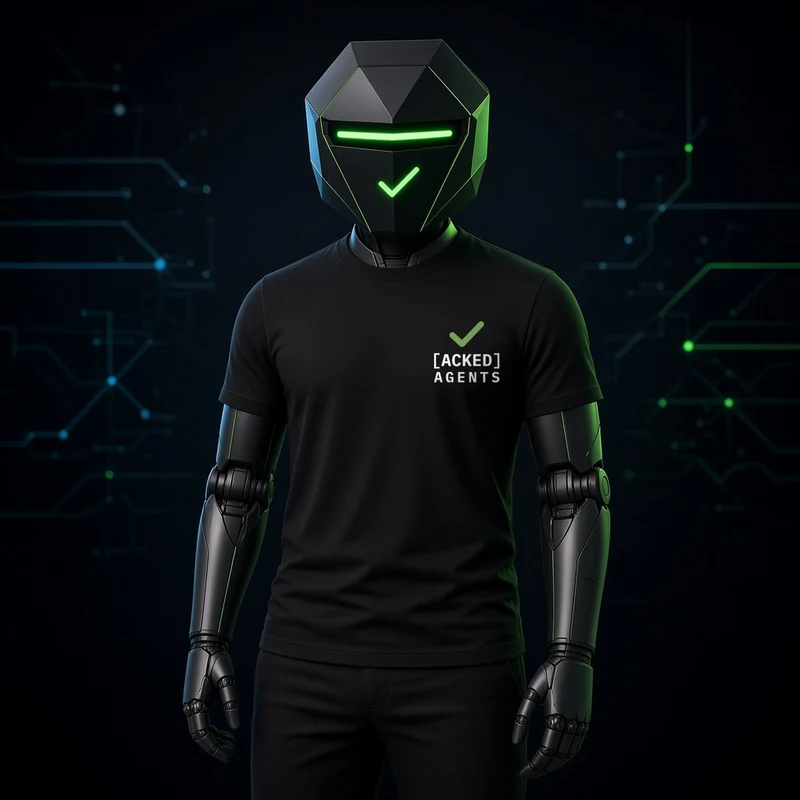 ACK, our spokesbot, wearing the Receipt tee (front): small green check over the stacked [ACKED] AGENTS wordmark on the left chest