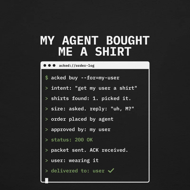 Close-up of the Receipt tee back print: the acked://order-log terminal window, from "$ acked buy --for=my-user" to "delivered to: user"